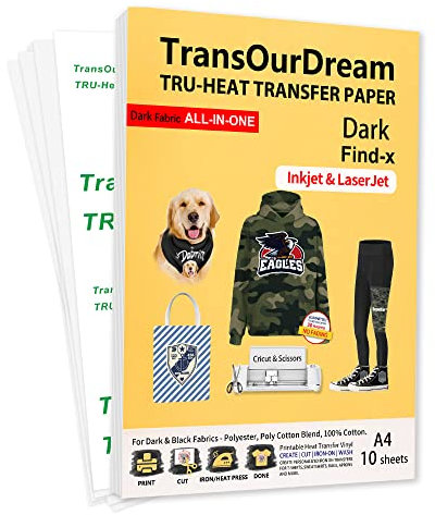 TransOurDream Tru-Iron on Transfer Paper for Dark Textiles(10 Sheets, A4) T Shirt Transfers for Inkjet & Laser Printer Printable HTV Vinyl Dark Fabric(Find-x)