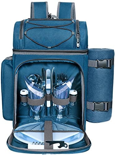 Hap Tim Picnic Basket Backpack for 2 Person with 2 Insulated Cooler Compartment, Wine Holder, Fleece Blanket, Cutlery Set,Perfect for Beach, Hiking, Camping, BBQs, Family or Wedding Gifts(36083-BL2)