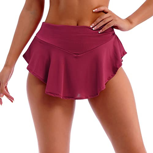 IBAKOM Damen Hohe Taille Rüschen Skorts Yoga Jogging Gym Workout Hipster Rave-Hose Bühne Pole Dance Mini Hot Pants Activewear Dessous Röcke, weinrot, 40