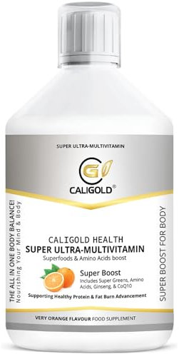 CALIGOLD Health Super Ultra Multivitamins and Minerals - Super Liquid Vitamins Boost Includes Super Greens & Amino Acids in Orange Flavour Daily Supplement
