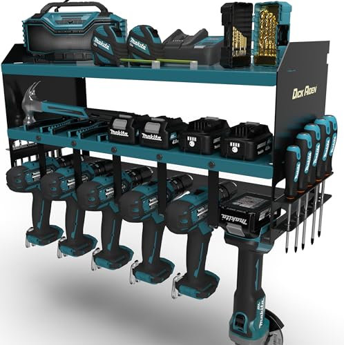 Toolganize Garage Power Tool Organiser, Wall-Mounted Storage Rack & Charging Station, Heavy-Duty for Workshop & Garage Tools, Large 6-Pack, Blue.