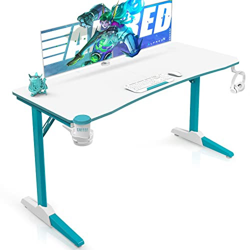 Devoko Gaiming Tisch 140 cm Gaming Schreibtisch Weiß Gamer Computertisch Ergonomischer PC Schreibtisch mit Getränkehalter und Kopfhörerhalter T-förmiger (Weiß, 140 x 60 cm)