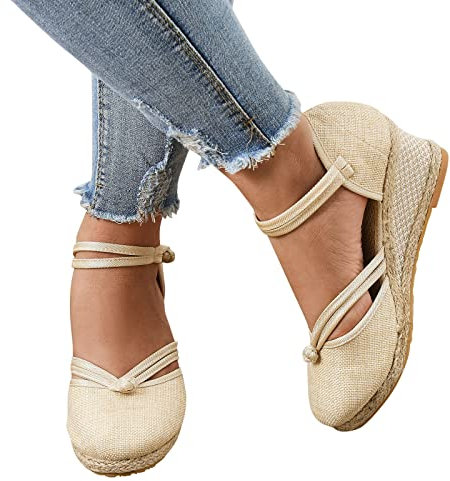 Alueeu Sandalias Mujer Verano 2023 Cuña Comodas Alpargatas Zapatos Casual Hebilla Fiesta Clásica Elegantes con Pala Cerrada Exterior Forrada de Yute Romano Sandalias de Playa, 05 Beige, 42 EU