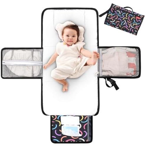Lekebaby Portable Nappy Changing Mat Travel Baby Change Mat with Wipe-Pocket and Head Cushion, Color Bar