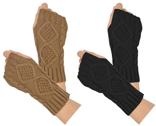 Fingerlose Handschuhe Damen 2 Paar, Moseem Handschuhe ohne Finger Winterhandschuhe, Klassische Strick Halb Handschuhe Armstulpen für Damen und Mädchen(Schwarz + Khaki)