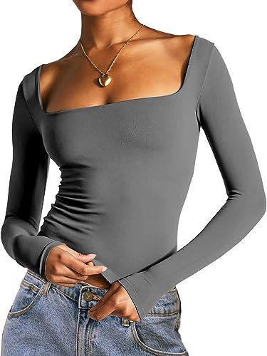 Dwnval Double Lined Square Neck Long Sleeve Shirts for Women - Basic Slim Fit Crop T Shirt, Dark Grey, XXL