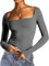 Dwnval Double Lined Square Neck Long Sleeve Shirts for Women - Basic Slim Fit Crop T Shirt, Dark Grey, XXL