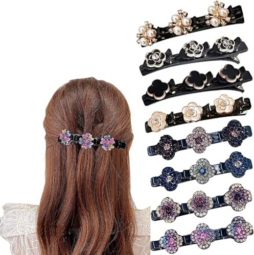 8 Pcs Barrette à Cheveux Latérale à Trois Fleurs, Clips de tresses en cristal pour cheveux épais et fins, accessoires de coiffure pour filles et femmes
