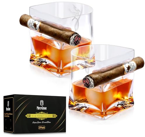 Mortygrove Whiskeyglas mit Zigarrenhalter, Zigarren Whiskey Gläser 2er Set Kristall Whiskyglas mit eingekerbter Zigarrenablage für Cocktails, Scotch, Bourbon, Zigarre und Whiskey Geschenkset für
