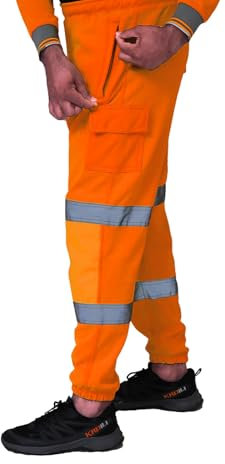 Dolce Vari 100% Polyester Hi Viz Mens Work Trousers Hi Viz Jogging Bottoms Safety Sweat Pants Multi Pockets Super Soft Hi Vis Cargo Security Work Wear Trousers (M, Orange)