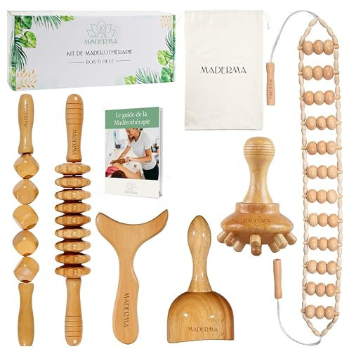 Maderma Kit complet de Maderothérapie 6 pièces en bois 100% naturel - Gua sha massage - masseur anti cellulite - dreinage lymphatique - rouleau de massage, venteuse cellulite, massage dos