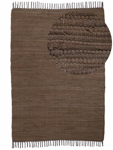 carpetfine Flickenteppich Kelim Chindi Uni Braun 90x160 cm, handgewebt | Fleckerlteppich aus Baumwolle für Wohnzimmermit Fransen