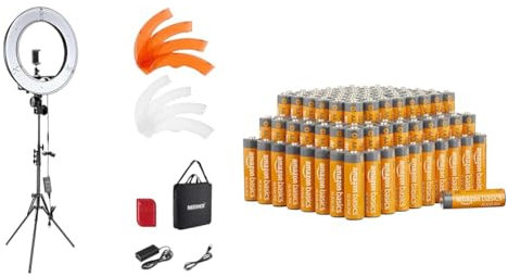 NEEWER Ringlicht mit Stativ Set: 18 Zoll/45cm Außen 55W 5600K Dimmbare LED Ringleuchte mit Bluetooth Fernbedienung für Handy & Amazon Basics AA-Alkalisch-Batterien