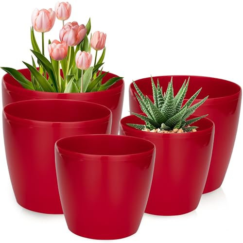 PECZEKO Lot de 5 Pots Brillants pour Fleurs et Plantes, 12/13/15/18/21 cm, en Plastique pour Grandes et Petites Plantes, Pot à Herbes, Rouge