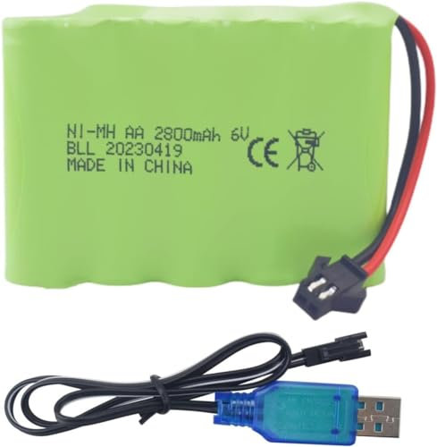 YUNIQUE GREEN-CLEAN-POWER - Batterie rechargeable AA 6,0 V 2 800 mAh avec prise SM-2P et câble de charge USB | Compatible avec TB141 TB142 DE37 - Idéal RC Voiture, Excavatrice, Camion et Véhicule RC