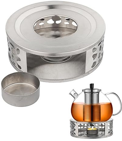 Hisdricus Calentador de Velas, Calentador de Tetera de Acero Inoxidable con Portavelas, Adecuado para Teteras y Cafeteras de Vidrio, Cerámica, Acero Inoxidable, Hierro Fundido (15X5,3 cm) (Plateado)