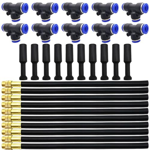 Boquilla pulverizadora de riego, Dujelixa 10 boquillas de nebulización ajustables de 20cm, sistema de nebulización con 10conectores tipo T + 10tapones de estrangulación para riego, invernadero, césped