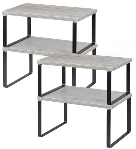 LIANTRAL Kitchen Shelf Organizer, Set of 4 Cupboard Shelf Organiser, Expandable and Stackable, Shelf Riser for Pantry Countertop Cupboard Desk Top, Metal and Wood, Grey and Black