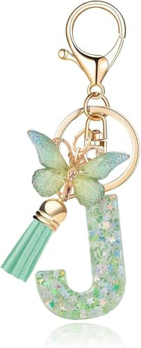 Frundoo Schlüsselanhänger Buchstabe Mit Anfangsbuchstaben Grün, Mädchen Schmetterling, Geschenke für Damen