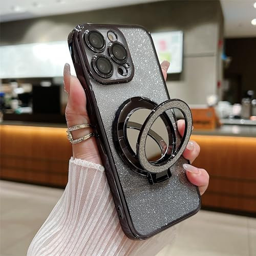 Emlivi Magnet Hülle für iPhone 14 Plus mit Spiegel, Klar Glitzer Handyhülle mit Mag-Safe Transparent Pailletten Kameraschutz TPU Case Cover für Frauen Mädchen TPU Stoßfeste Schutzhülle, Schwarz