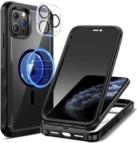 seacosmo Magnetic Case for iPhone 11 Pro 5.8 Inch, Full Body Protection and Built-in 9H Privacy Screen Protector + Camera Lens Protector, Anti Peeping Clear Back Cover for iPhone 11 Pro - Black