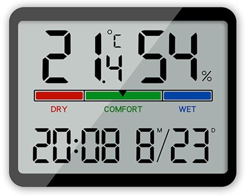 ALLOMN Hygrometer Innenthermometer, Digitales Raumfeuchtigkeitsmessgerät Genaues Temperaturmessgerät Großes LCD Display Feuchtigkeitsmessgerät Thermometer mit Uhr für Gewächshaus Hause (Schwarz)