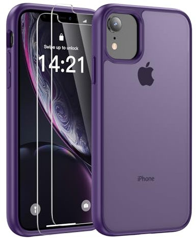 FLLAO Opaca Cover Compatibile con iPhone XR con 2 Vetro Temperato, [Della Fotocamera Protezione] Anticaduta Antiurto Anti-Graffio Anti-Impronte Hard PC Glassata Custodia Viola Scuro