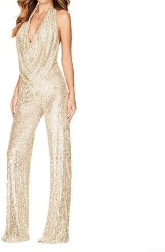 ZYWUOY Ärmelloser Pailletten-Jumpsuit mit V-Ausschnitt, stilvolles Design mit weitem Bein, perfekt für Abendgarderobe und Feiern