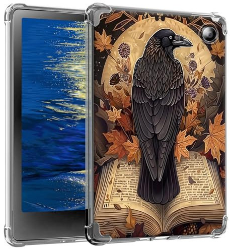 Coque transparente pour Kobo Libra Color 7 version 2024 - Coque fine en silicone TPU souple - Protection arrière pour liseuse Kobo Libra couleur 2024 - Corbeau et livre magique vintage