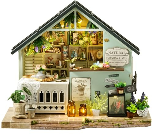 Spilay DIY Miniature Dollhouse Kit,DIY Dollhouse Kit with Wooden Furniture,Dust Proof Cover, Music Box and LED,Handmade Crafts Gifts for Birthday Christmas and Valentine's Day（DA） (PLANTS STUDIO)