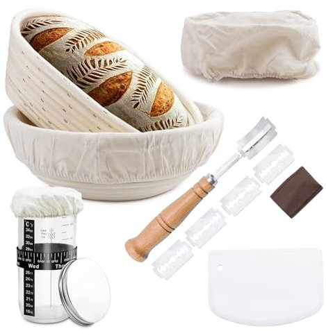 Kit Completo para Masa Madre,Cesta de Pan De Levadura De 2 Pcs Con Forro,Eslinga De Pan De Silicona,Tarro De Levadura,Amasadora,Cepillo De Silicona,Rascador de Cuenco,Juego Rascadores de Masa(B)