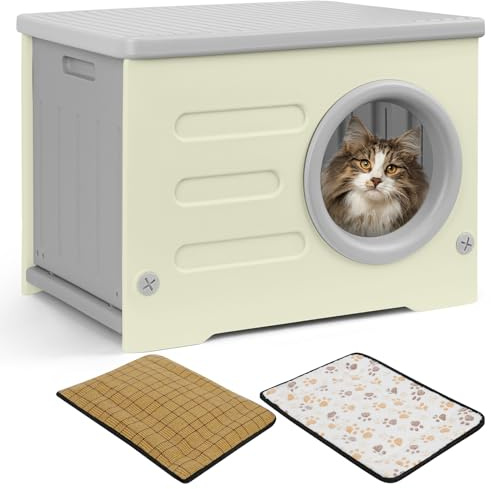 Kunststoff-Katzenhaus für Den Innen- und Außenbereich Wetterfester Unterstand Erhöhtes Design mit Doppelseitigen Matten Katzenhaus für Alle Jahreszeiten (Grau, 54 * 41 * 38)