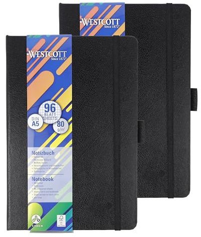Westcott Notizbuch DIN A5 kariert (2er-Set) | 2 x 192 Seiten im edlen Hardcover-Einband | 80 g/m² nachhaltiges FSC-Mix Papier | mit Innentasche, Lesezeichen, Gummizug und Stifthalter | E-1744836 00