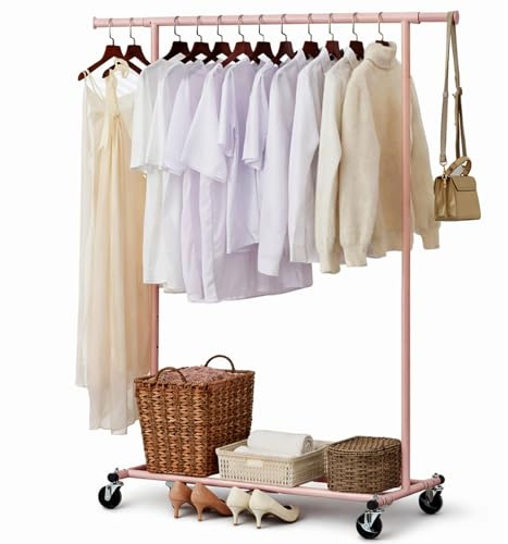 House Of Home Heavy Duty Clothes Rail with Shelf on Wheels – Adjustable Width & Height, Garment Rack, 80kg Capacity, Lockable Castors (Pink)