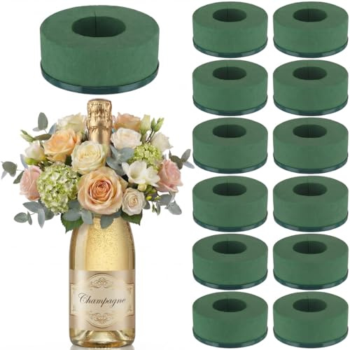 Wonderjune 12 Pcs Mini Floral Foam Holder for Wine Bottle Topper, 3.9  | Green Foam Base Fits Wine Bottles, Fresh or Silk Flower Arrangements, Wedding Party Table Centerpieces Decoration