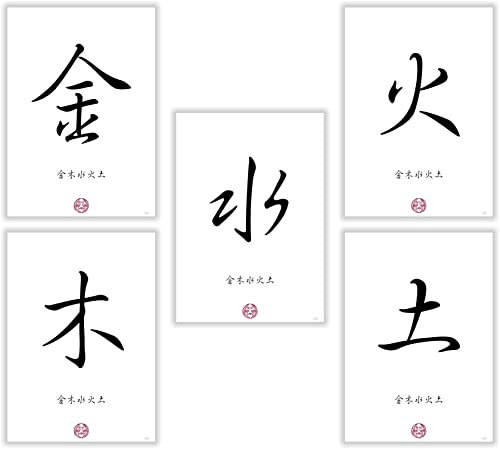 Unbekannt DIE 5 Elemente des FENG Shui - Holz, Metall, Wasser, Erde, Luft in chinesischen - japanischen Kalligraphie Schriftzeichen als Kunstdruck Poster Bilderset