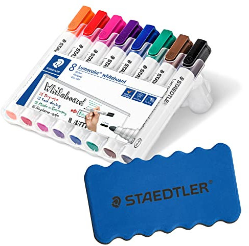 STAEDTLER Lumocolor 351 WP8 Whiteboardmarker, Rundspitze, 2 mm, aufstellbare Box mit 8 farben + original Löscher