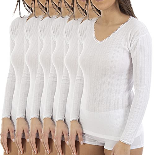 Lacotex Camiseta Interior Cálida de Mujer | Camiseta Manga Larga y Cuello Pico Jacquard | Confort y Protección Cálida Interior | Pack Ahorro 6 Unidades | Talla L L109