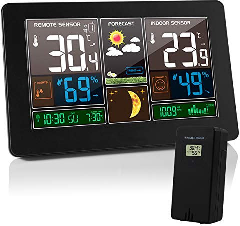 VORRINC Wetterstation Funk mit Außensensor,Wettervorhersage,Farbdisplay,Innen Aussen Digital Thermometer,Hydrometer Feuchtigkeit, DCF Empfangssignal Funkuhr,Mondphase (Schwarz)