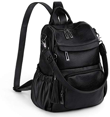UTO Damen Rucksack Leder PU Cabrio Schulrucksack Rucksackhandtaschen Multifunktionsrucksack mit Quasten Lässige Schultertaschen Für Arbeit Schule Große Kapazität Reißverschluss Umhängetasche Schwarz