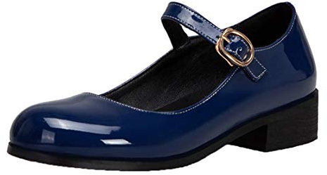 MISSUIT Damen Mary Janes Flach Lack Pumps mit Riemchen und Schnallen Bequeme Geschlossen Schuhe(Blau,36)