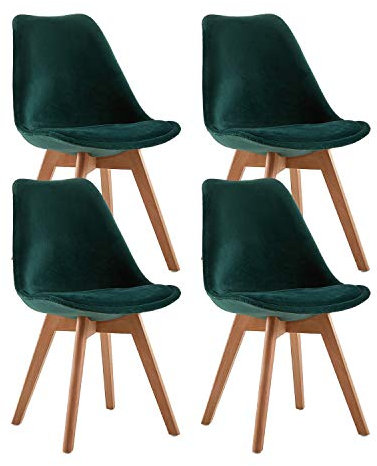 H.J WeDoo Chaises Salle à Manger en Velours, Chaise Scandinaves de Cuisine en Bois, Vert (Lot de 4)