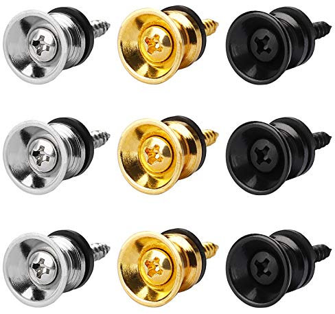 MengH-SHOP Gitarrengurt Knöpfe Metall Gitarrengurt Endknopf mit Befestigungsschrauben und Gummi Kissen für Klassische Elektrische Akustik Gitarre Bass Ukulele 9 Pack (Gold, Silber, Schwarz)