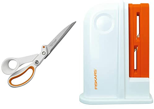 Fiskars Ciseaux multi-usages RazorEdge, Longueur totale: 24 cm, Lames en acier inoxydable/Poignées en plastique & Aiguiseur à ciseaux universel, Pierre à aiguiser en céramique, Blanc/Orange
