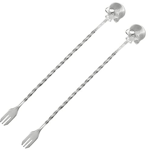 Pinenjoy Barlöffel und Gabel mit Totenkopf-Motiv, 24,9 cm langer Griff, 18/10 Edelstahl, Cocktail-Shaker-Löffel für Barkeeper, Halloween, Rührgetränke