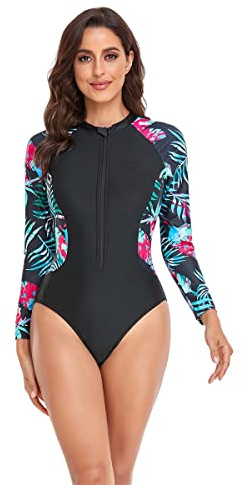 BEACHKINI Femmes Zip Up Surfwear Maillot de Bain à Manches Longues Maillot de Bain récréatif Une pièce Rash Guards,42 Couleur,L