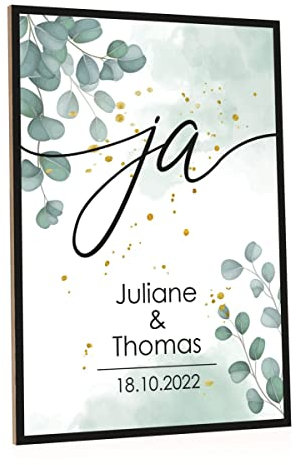 GRAVURZEILE Holzschild mit Spruch - Ja - Personalisiert mit Namen & Datum - Kunstdrucke auf Holz - Wand Dekoration für Sie & Ihn - Geschenk zur Hochzeit Valentinstag - Farbe Eukalyptus