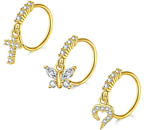Mayhoop Nasenring 20G Nasenpiercing Hoops Goldene Kreuz Schmetterling Herz CZ Knorpel Helix Ohr Piercing Schmuck für Frauen Männer 3Stk