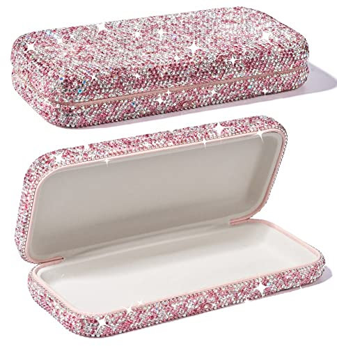 JSCARLIFE Eyeglasses Glasses Case, Bling Crystal Rhinestone Sunglasses Holder Hard Shell Protective Large Eyeglass Case Storage Box for Eyeglasses Sunglasses (Pink)