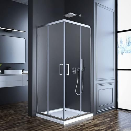Goezes Duschkabine Eckeinstieg mit Doppel Schiebetüren 90x90x185cm Eckeinstieg Duschkabine Silber Duschabtrennung Dusche Duschwand 6mm ESG Glas, LINKS & RECHTS MONTIERBAR
